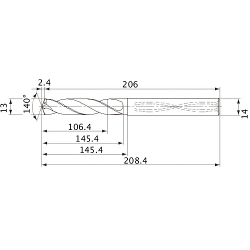 MVS1300X08S140 DP1020 13 mm Dia. × 14 mm Shank × 145.4 mm Flute Length × 208.4 mm OAL, 140°, 2 Flute, Coolant Thru, Solid Carbide Drill