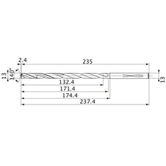 MVS1300X10S130 DP1020 13 mm Dia. × 13 mm Shank × 171.4 mm Flute Length × 237.4 mm OAL, 140°, 2 Flute, Coolant Thru, Solid Carbide Drill