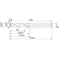 MVS1350X05S140 DP1020 13.5 mm Dia. × 14 mm Shank × 110.5 mm Flute Length × 178.5 mm OAL, 140°, 2 Flute, Coolant Thru, Solid Carbide Drill