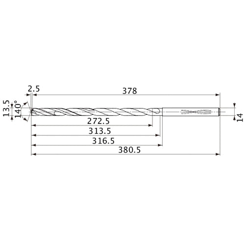 MVS1350X20S140 DP1020 13.5 mm Dia. × 14 mm Shank × 313.5 mm Flute Length × 380.5 mm OAL, 140°, 2 Flute, Coolant Thru, Solid Carbide Drill