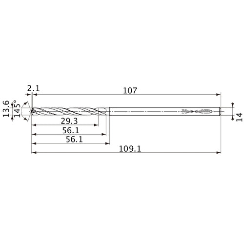MVS1360X02S140PL DP1020 13.6 mm Dia. × 14 mm Shank × 56.1 mm Flute Length × 109.1 mm OAL, 145°, 2 Flute, Coolant Thru, Solid Carbide Drill
