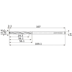 MVS1360X02S140PL DP1020 13.6 mm Dia. × 14 mm Shank × 56.1 mm Flute Length × 109.1 mm OAL, 145°, 2 Flute, Coolant Thru, Solid Carbide Drill
