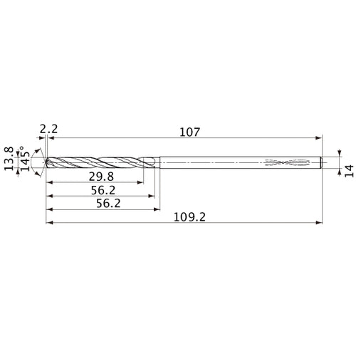 MVS1380X02S140PL DP1020 13.8 mm Dia. × 14 mm Shank × 56.2 mm Flute Length × 109.2 mm OAL, 145°, 2 Flute, Coolant Thru, Solid Carbide Drill