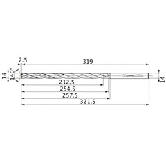 MVS1400X15S140 DP1020 14 mm Dia. × 14 mm Shank × 254.5 mm Flute Length × 321.5 mm OAL, 140°, 2 Flute, Coolant Thru, Solid Carbide Drill