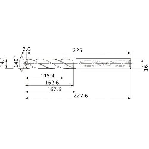 MVS1410X08S160 DP1020 14.1 mm Dia. × 16 mm Shank × 162.6 mm Flute Length × 227.6 mm OAL, 140°, 2 Flute, Coolant Thru, Solid Carbide Drill