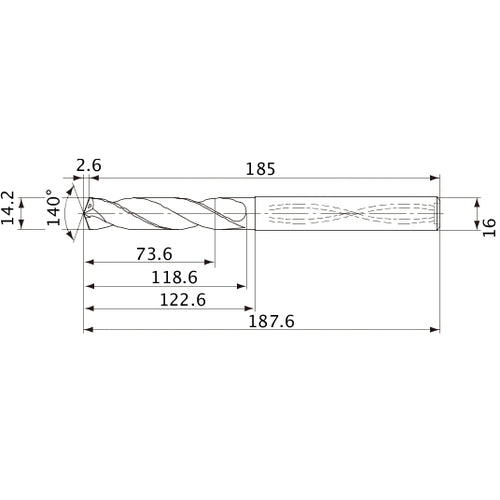 MVS1420X05S160 DP1020 14.2 mm Dia. × 16 mm Shank × 118.6 mm Flute Length × 187.6 mm OAL, 140°, 2 Flute, Coolant Thru, Solid Carbide Drill