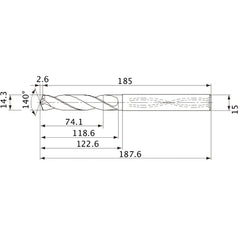 MVS1430X05S150 DP1020 14.3 mm Dia. × 15 mm Shank × 118.6 mm Flute Length × 187.6 mm OAL, 140°, 2 Flute, Coolant Thru, Solid Carbide Drill
