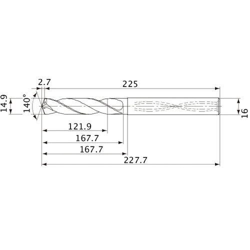 MVS1490X08S160 DP1020 14.9 mm Dia. × 16 mm Shank × 167.7 mm Flute Length × 227.7 mm OAL, 140°, 2 Flute, Coolant Thru, Solid Carbide Drill