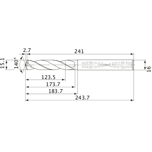 MVS1510X08S160 DP1020 15.1 mm Dia. × 16 mm Shank × 173.7 mm Flute Length × 243.7 mm OAL, 140°, 2 Flute, Coolant Thru, Solid Carbide Drill