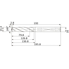 MVS1540X05S160 DP1020 15.4 mm Dia. × 16 mm Shank × 126.8 mm Flute Length × 195.8 mm OAL, 140°, 2 Flute, Coolant Thru, Solid Carbide Drill