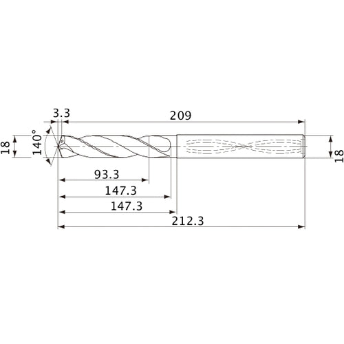 MVS1800X05S180 DP1020 18 mm Dia. × 18 mm Shank × 147.3 mm Flute Length × 212.3 mm OAL, 140°, 2 Flute, Coolant Thru, Solid Carbide Drill