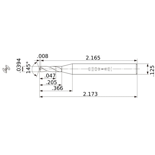 MWS00394SB VP15TF 0.0394″ Dia. × 1/8″ Shank × 0.205″ Flute Length × 2.173″ OAL, 145°, 2 Flute, Coolant Thru, Solid Carbide Drill