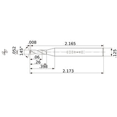 MWS00520SB VP15TF 0.052″ Dia. × 1/8″ Shank × 0.26″ Flute Length × 2.173″ OAL, 145°, 2 Flute, Coolant Thru, Solid Carbide Drill