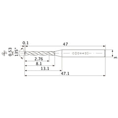 MWS0053LB VP15TF 0.53 mm Dia. × 3 mm Shank × 8.1 mm Flute Length × 47.1 mm OAL, 135°, 2 Flute, Coolant Thru, Solid Carbide Drill