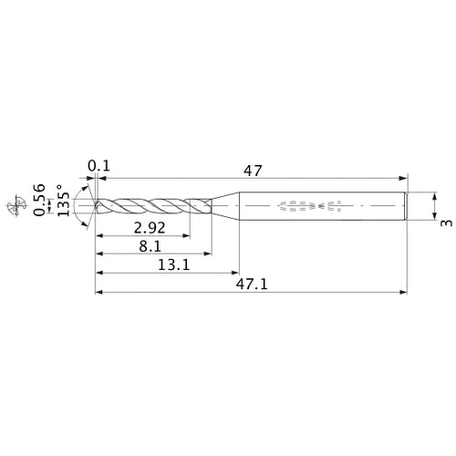 MWS0056LB VP15TF 0.56 mm Dia. × 3 mm Shank × 8.1 mm Flute Length × 47.1 mm OAL, 135°, 2 Flute, Coolant Thru, Solid Carbide Drill