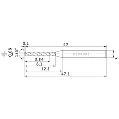 MWS0068LB VP15TF 0.68 mm Dia. × 3 mm Shank × 8.1 mm Flute Length × 47.1 mm OAL, 135°, 2 Flute, Coolant Thru, Solid Carbide Drill
