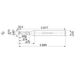 MWS00730SB VP15TF 0.073″ Dia. × 1/8″ Shank × 0.374″ Flute Length × 2.689″ OAL, 140°, 2 Flute, Coolant Thru, Solid Carbide Drill