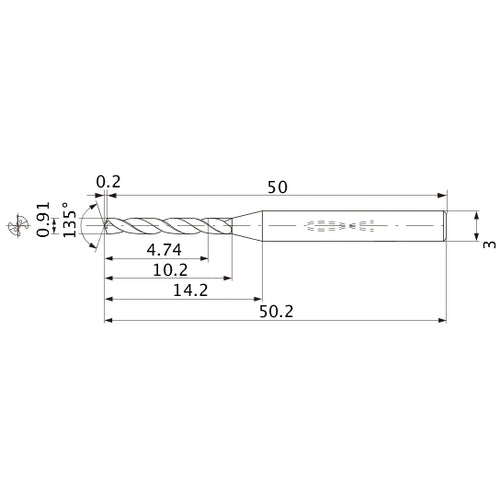 MWS0091LB VP15TF 0.91 mm Dia. × 3 mm Shank × 10.2 mm Flute Length × 50.2 mm OAL, 135°, 2 Flute, Coolant Thru, Solid Carbide Drill