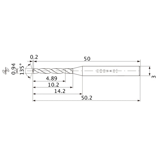 MWS0094LB VP15TF 0.94 mm Dia. × 3 mm Shank × 10.2 mm Flute Length × 50.2 mm OAL, 135°, 2 Flute, Coolant Thru, Solid Carbide Drill
