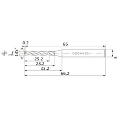 MWS0100X25DB VP15TF 1 mm Dia. × 3 mm Shank × 28.2 mm Flute Length × 66.2 mm OAL, 135°, 2 Flute, Coolant Thru, Solid Carbide Drill