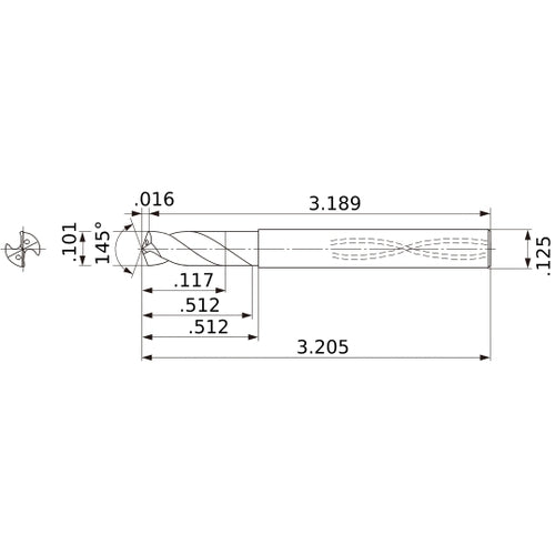 MWS01010SB VP15TF 0.101″ Dia. × 1/8″ Shank × 0.512″ Flute Length × 3.205″ OAL, 145°, 2 Flute, Coolant Thru, Solid Carbide Drill