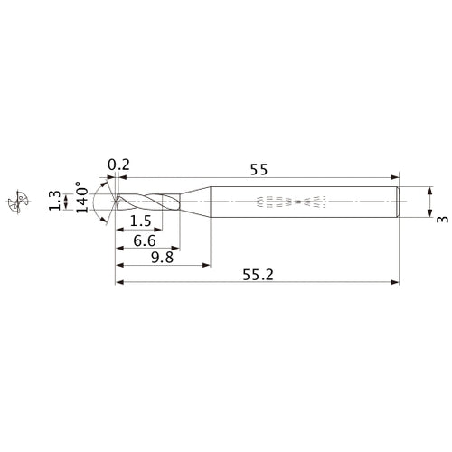 MWS0130SB VP15TF 1.3 mm Dia. × 3 mm Shank × 6.6 mm Flute Length × 55.2 mm OAL, 140°, 2 Flute, Coolant Thru, Solid Carbide Drill