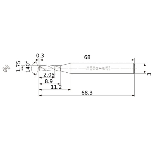 MWS0175SB VP15TF 1.75 mm Dia. × 3 mm Shank × 8.9 mm Flute Length × 68.3 mm OAL, 140°, 2 Flute, Coolant Thru, Solid Carbide Drill