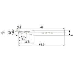 MWS0180SB VP15TF 1.8 mm Dia. × 3 mm Shank × 9.3 mm Flute Length × 68.3 mm OAL, 140°, 2 Flute, Coolant Thru, Solid Carbide Drill