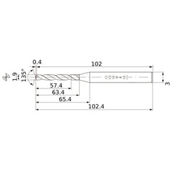 MWS0190X30DB VP15TF 1.9 mm Dia. × 3 mm Shank × 63.4 mm Flute Length × 102.4 mm OAL, 135°, 2 Flute, Coolant Thru, Solid Carbide Drill