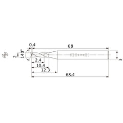 MWS0200SB VP15TF 2 mm Dia. × 3 mm Shank × 10.4 mm Flute Length × 68.4 mm OAL, 140°, 2 Flute, Coolant Thru, Solid Carbide Drill