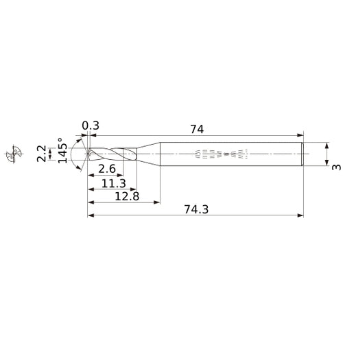 MWS0220SB VP15TF 2.2 mm Dia. × 3 mm Shank × 11.3 mm Flute Length × 74.3 mm OAL, 145°, 2 Flute, Coolant Thru, Solid Carbide Drill