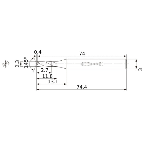 MWS0230SB VP15TF 2.3 mm Dia. × 3 mm Shank × 11.8 mm Flute Length × 74.4 mm OAL, 145°, 2 Flute, Coolant Thru, Solid Carbide Drill