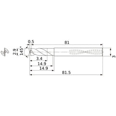 MWS0290SB VP15TF 2.9 mm Dia. × 3 mm Shank × 14.9 mm Flute Length × 81.5 mm OAL, 145°, 2 Flute, Coolant Thru, Solid Carbide Drill