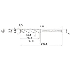 MWS0290X20DB VP15TF 2.9 mm Dia. × 3 mm Shank × 67.5 mm Flute Length × 103.5 mm OAL, 140°, 2 Flute, Coolant Thru, Solid Carbide Drill
