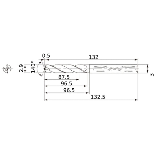 MWS0290X30DB VP15TF 2.9 mm Dia. × 3 mm Shank × 96.5 mm Flute Length × 132.5 mm OAL, 140°, 2 Flute, Coolant Thru, Solid Carbide Drill