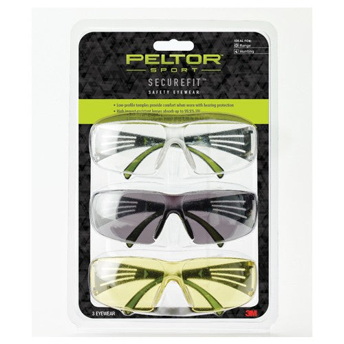 ‎Peltor Sport SecureFit Safety Eyewear SF400-P3PK-6 3 Pack: Clear + Amber + Gray Lenses AF - Eagle Tool & Supply