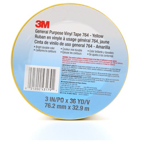 3M General Purpose Vinyl Tape 764 Yellow 3″ × 36 yd 5 mil Individually Wrapped Conveniently Packaged - Eagle Tool & Supply