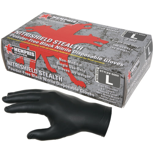 NitriSheild Stealth Gloves - 3 mil Black Nitrile - Industrial/Food Grade - Powder Free - Box of 100 - Size X-Large - Eagle Tool & Supply