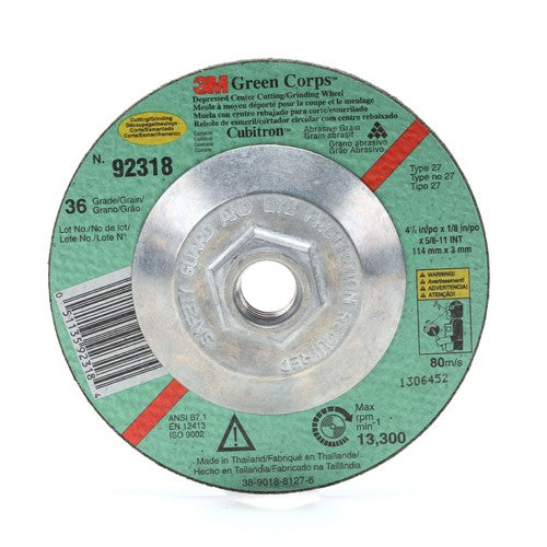 ‎3M Green Corps Cutting/Grinding Wheel T27 4-1/2″ × 1/8″ × 5/8-11 Internal 36 Grit - Eagle Tool & Supply