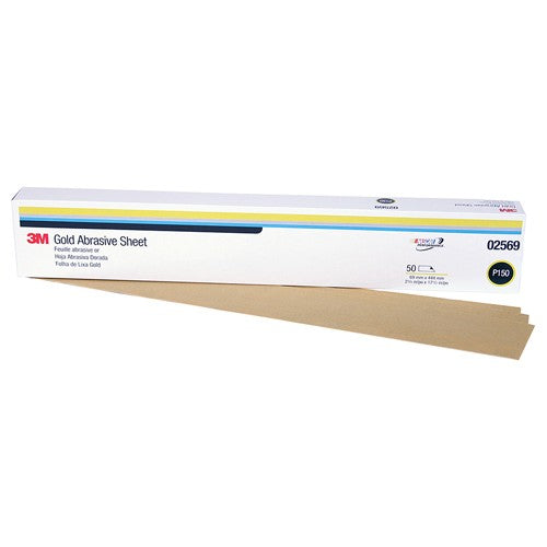 3M Gold Abrasive Sheet 02569 P150 grade 2 3/4″ × 17 1/2″ 50 sheets per sleeve - Eagle Tool & Supply