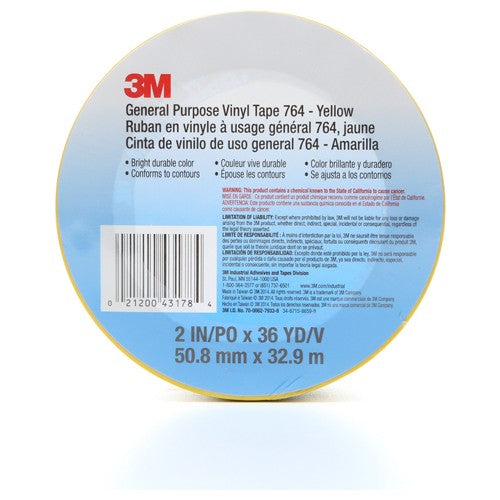 3M General Purpose Vinyl Tape 764 Yellow 2″ × 36 yd 5 mil Individually Wrapped Conveniently Packaged - Eagle Tool & Supply