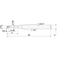 0.6 mm Dia. × 4 mm Shank × 0.48 mm DOC × 40 mm OAL, Carbide 2 Flute, 30° Helix, Ballnose End Mill VF2XLBSR0030N030