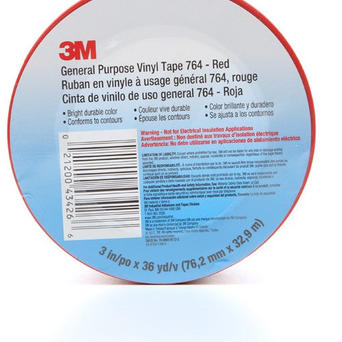 3M General Purpose Vinyl Tape 764 Red 3″ × 36 yd 5 mil Individually Wrapped Conveniently Packaged - Eagle Tool & Supply