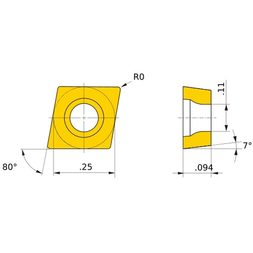 CCET 21.5 R-SN VP15TF, 0 mm Corner Radius, 2.38 mm Thick, 6.35 mm Inscribed Circle, Turning Indexable Insert