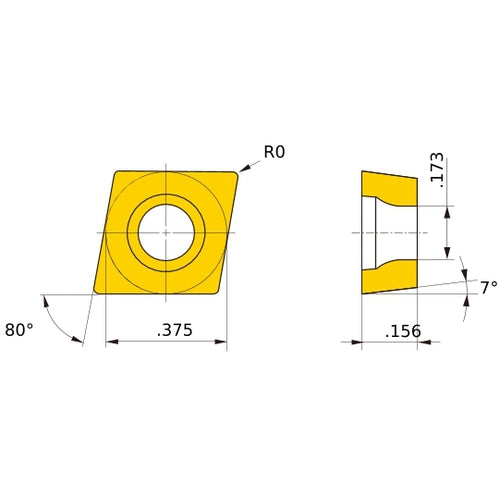 CCET 32.5 L-SN HTi10, 0 mm Corner Radius, 3.97 mm Thick, 9.525 mm Inscribed Circle, Turning Indexable Insert