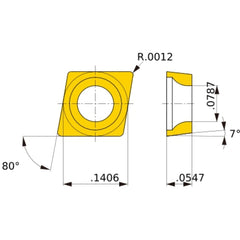CCGT 03S1 L-F VP15TF, 0.03 mm Corner Radius, 1.39 mm Thick, 3.57 mm Inscribed Circle, Turning Indexable Insert