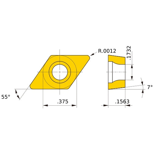 DCET 32.5 R-SR HTi10, 0.03 mm Corner Radius, 3.97 mm Thick, 9.525 mm Inscribed Circle, Turning Indexable Insert