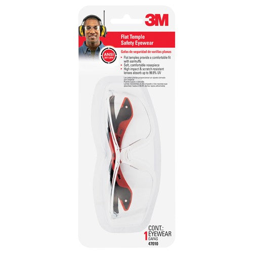 3M Flat Temple Safety Eyewear 47010-WV12 Black/Red Frame Clear/Scratch Resistant Lens - Eagle Tool & Supply